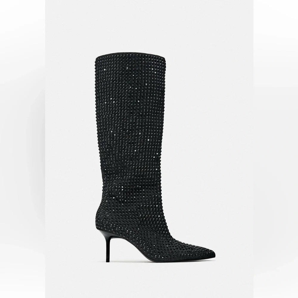 ZARA POINTED TOE RHINESTONE HEELED KNEE HIGH BOOTS - Picture 4 of 9